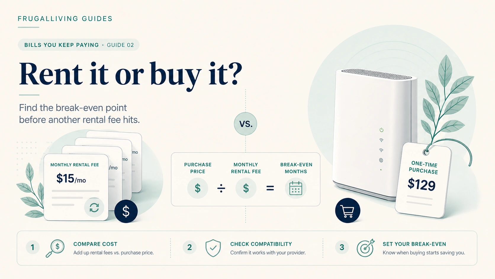 Router rent-versus-buy visual showing monthly rental cost, purchase price, compatibility check, and break-even point.