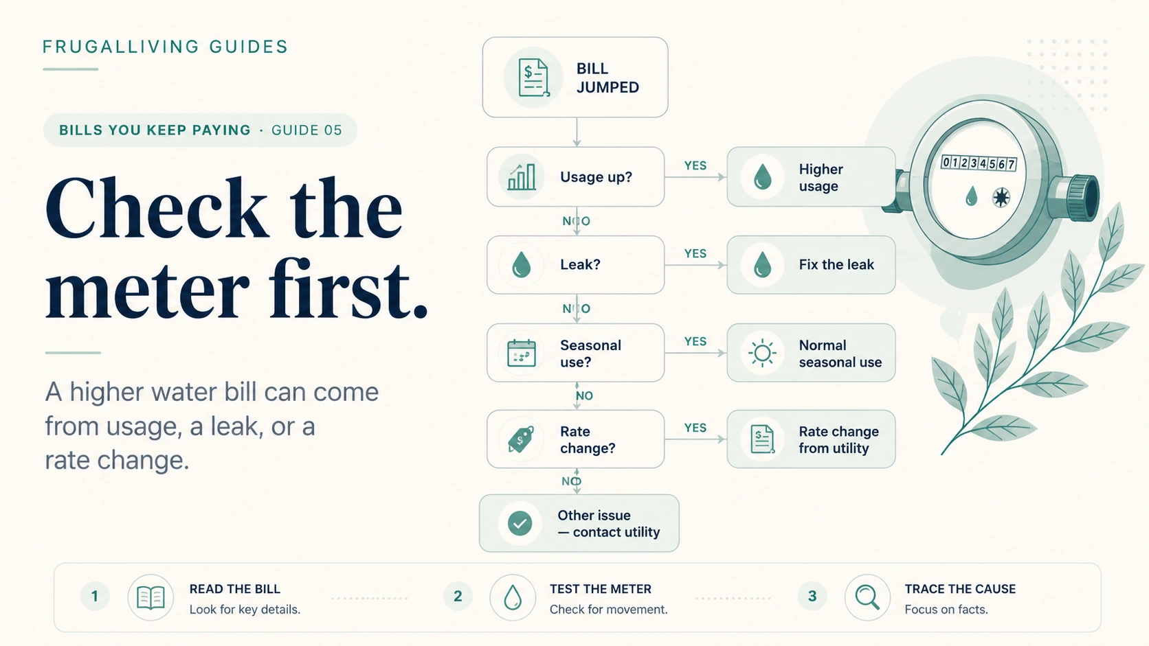 Water bill diagnostic flowchart checking usage, leaks, seasonal use, rate changes, and the meter.