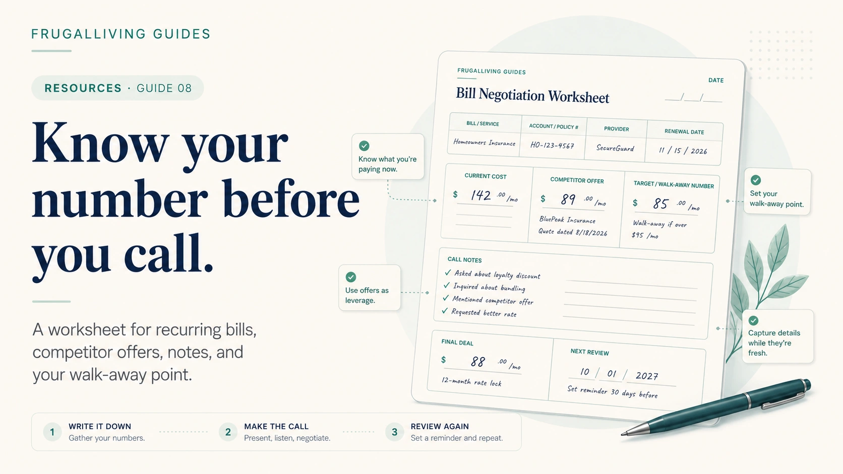 Annual Bill Negotiation Worksheet preview with current cost, competitor offer, walk-away number, call notes, final deal, and next review date.