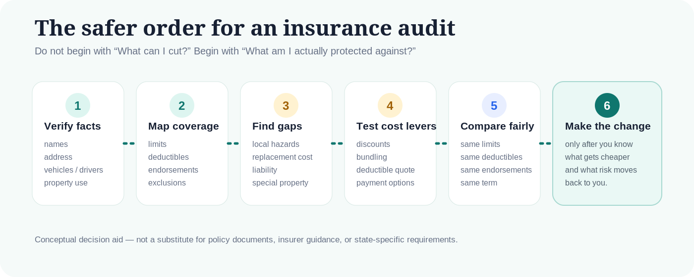 Six-step insurance audit order: verify facts, map coverage, find gaps, test cost levers, compare fairly, then make the change