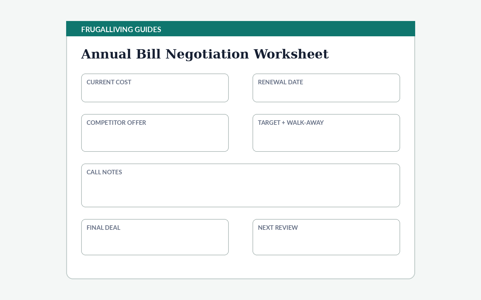 Preview of the FrugalLiving Guides Annual Bill Negotiation Worksheet with current cost, target, competitor offer, call notes, savings, and renewal date fields